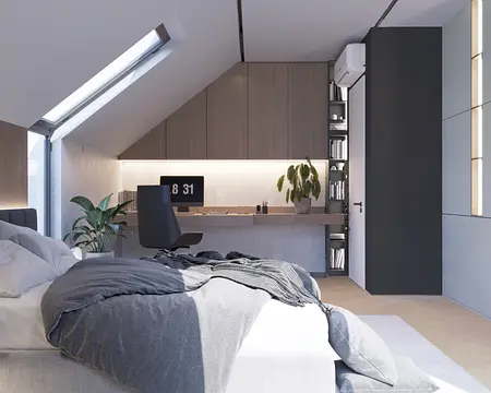 Wnętrze sypialni z biurkiem, roślinami i minimalistycznym designem.