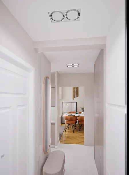 Przedpokój w stylu eklektycznym z nowoczesnymi i skandynawskimi akcentami.