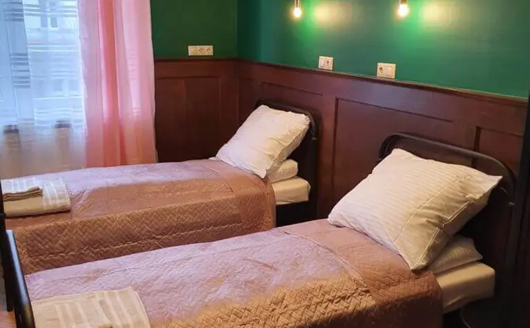 Pokój z dwoma łóżkami, zieloną ścianą i różowymi dodatkami w stylu tradycyjnym i vintage.
