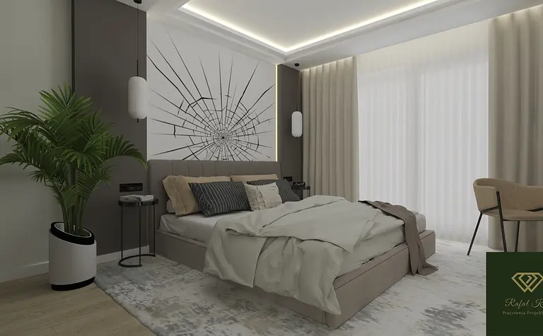 Sypialnia w stylu minimalistycznym z nowoczesnym łóżkiem i rośliną