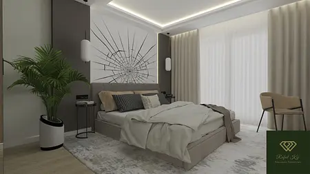 Sypialnia w stylu minimalistycznym z nowoczesnym łóżkiem i rośliną