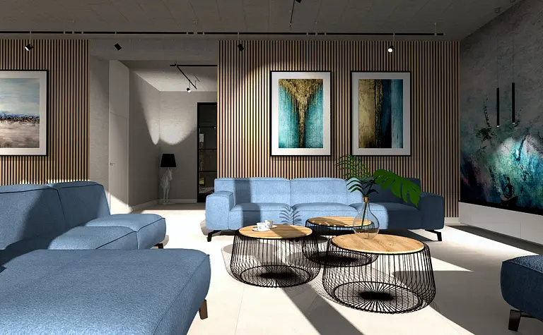 Wnętrze salonu z niebieską sofą, drewnianymi stolikami oraz nowoczesnymi akcentami.