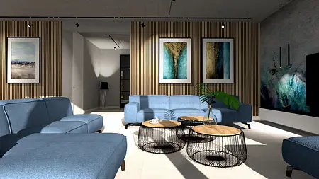 Wnętrze salonu z niebieską sofą, drewnianymi stolikami oraz nowoczesnymi akcentami.