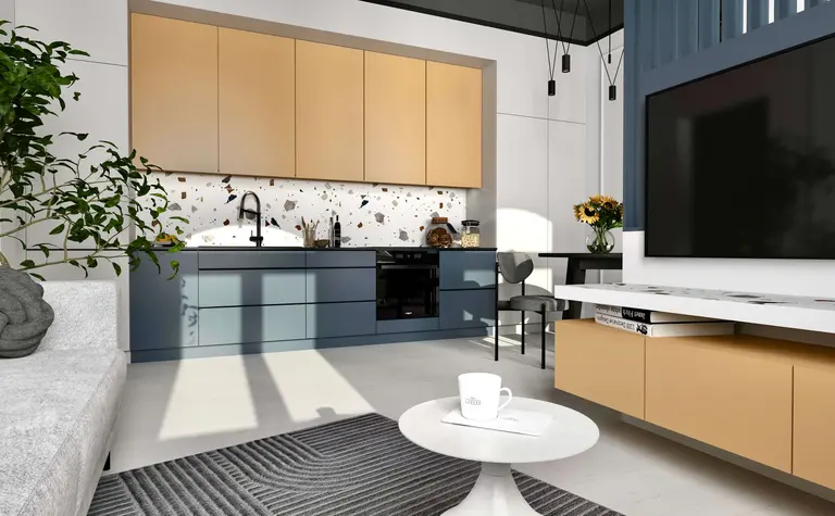Wnętrze kuchni z beżowymi meblami i dekoracjami dopamine decor.