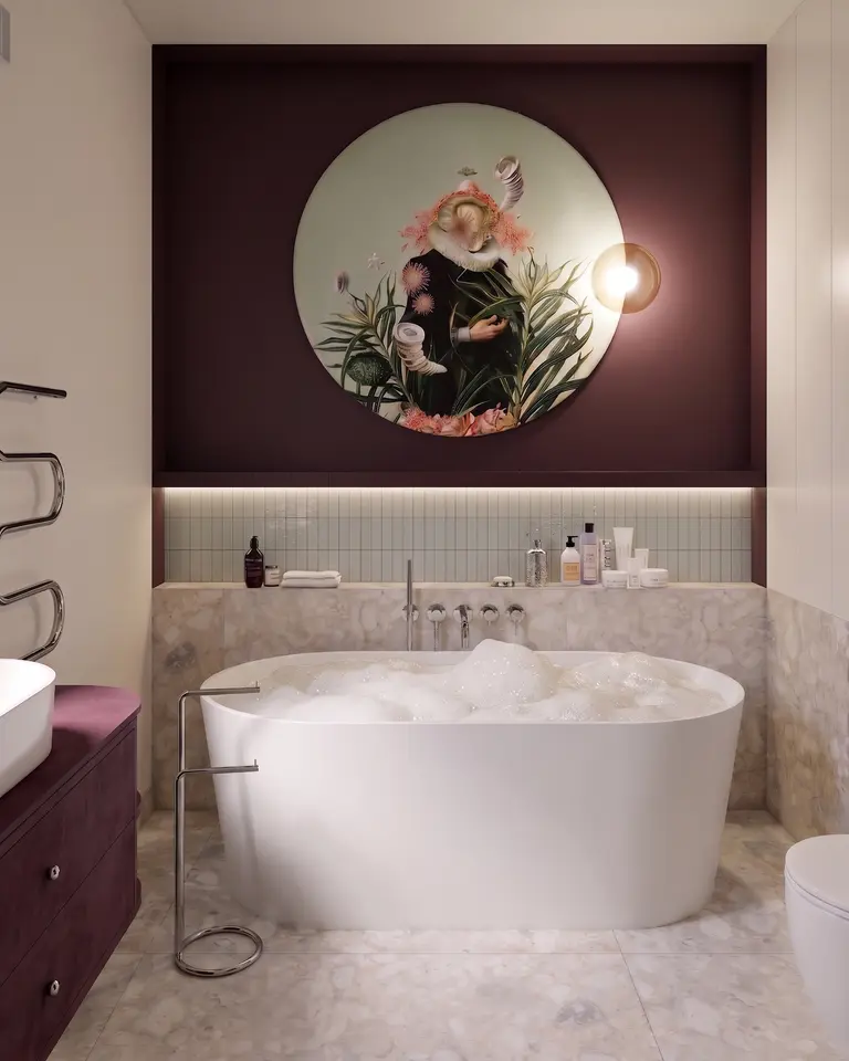 Łazienka z wanną, bordową ścianą; dopamine decor, minimalistyczny, nowoczesny, skandynawski, soft minimalizm