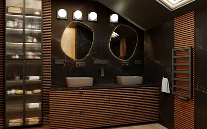 Wnętrze nowoczesnej łazienki z drewnianymi meblami i minimalistycznymi lustrami.
