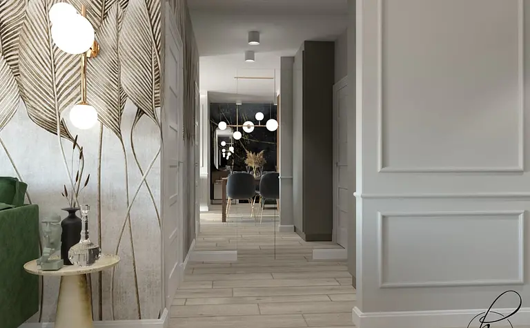 Nowoczesny korytarz z zieloną sofą i designerskimi lampami