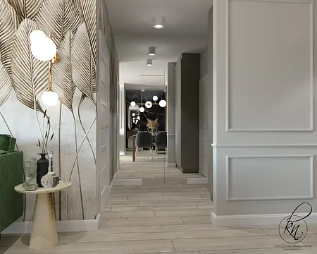 Nowoczesny korytarz z zieloną sofą i designerskimi lampami