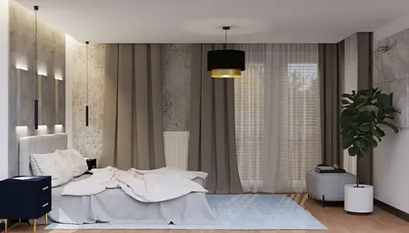 Sypialnia z nowoczesnym wyposażeniem, soft minimalizm, szare ściany, granatowe meble.