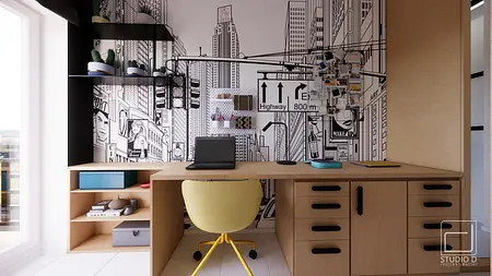 Gabinet w stylu industrialnym i minimalistycznym z drewnianym biurkiem, żółtym krzesłem oraz muralem.
