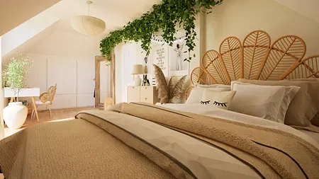 Sypialnia w stylu boho z roślinnymi elementami i naturalnym światłem