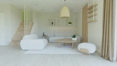 Wnętrze salonu w stylu boho i japandi z jasnymi meblami.
