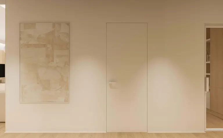 Minimalistyczne wnętrze z obrazem i drzwiami w stylu japandi, nowoczesnym i quiet luxury.