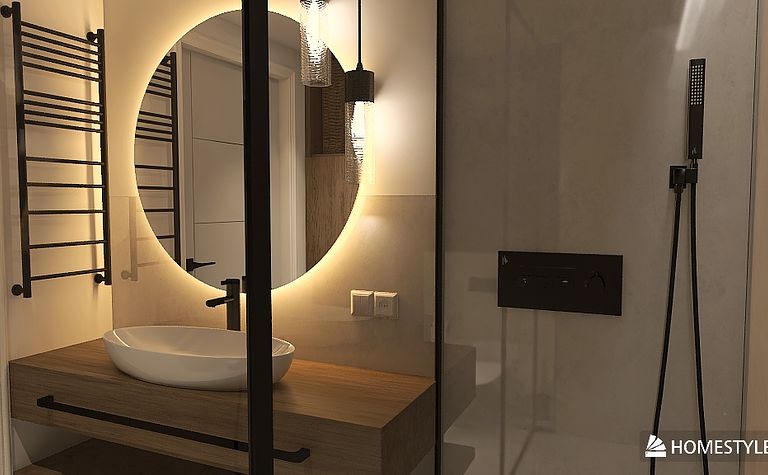 Nowoczesna łazienka z minimalistycznym designem, drewniana umywalka i okrągłe lustro.