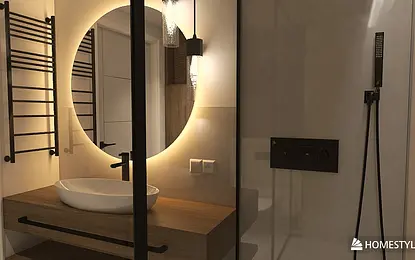 Nowoczesna łazienka z minimalistycznym designem, drewniana umywalka i okrągłe lustro.