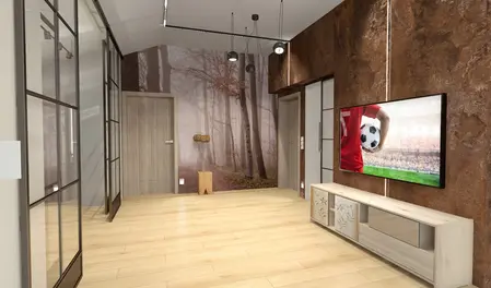 Rustykalne wnętrze z telewizorem i drewnianymi akcentami