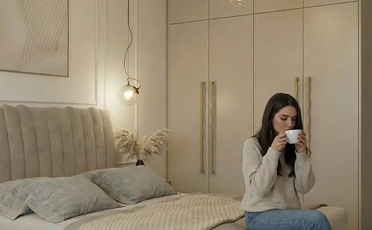 Wnętrze sypialni z minimalistycznym stylem, nowoczesnymi meblami i współczesnym oświetleniem.