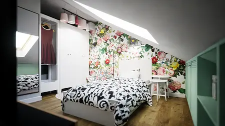 Kwiatowa tapeta w poddaszu z białym łóżkiem i szafą.