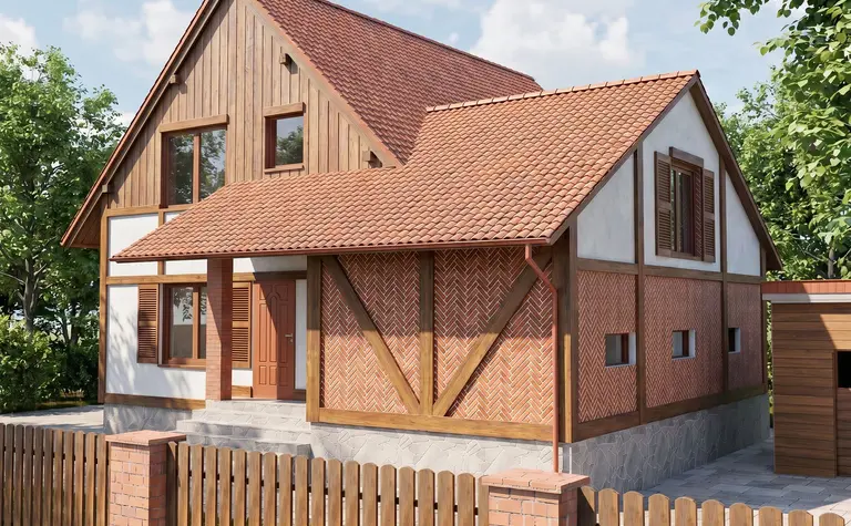 Widok domu w stylu tradycyjnym z drewnianymi detalami i czerwonym dachem.