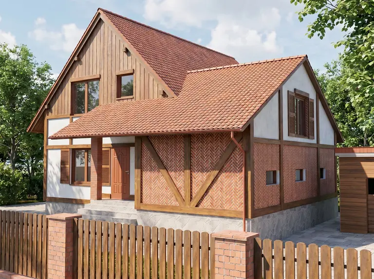 Widok domu w stylu tradycyjnym z drewnianymi detalami i czerwonym dachem.