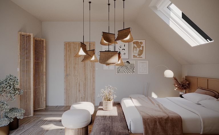 Sypialnia w stylu boho, japandi i minimalistycznym z drewnianymi akcentami.