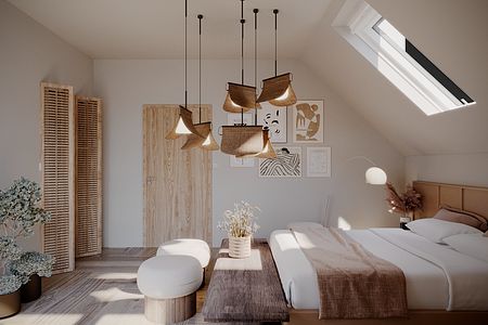 Sypialnia w stylu boho, japandi i minimalistycznym z drewnianymi akcentami.