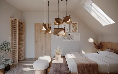 Sypialnia w stylu boho, japandi i minimalistycznym z drewnianymi akcentami.