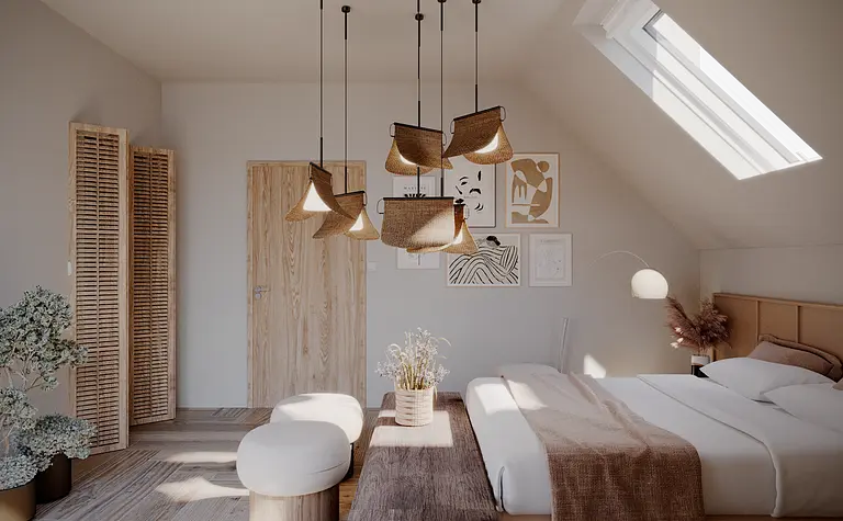 Sypialnia w stylu boho, japandi i minimalistycznym z drewnianymi akcentami.
