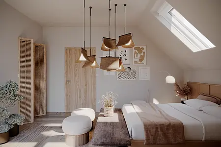 Sypialnia w stylu boho, japandi i minimalistycznym z drewnianymi akcentami.