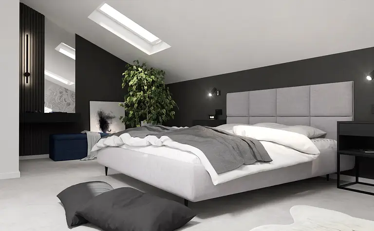 Wnętrze sypialni w stylu glamour, minimalistycznym z zieloną rośliną