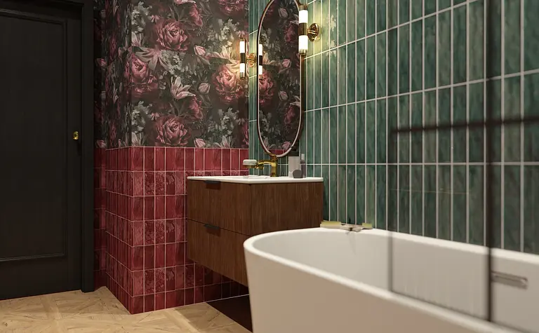 Wnętrze łazienki z zielonymi płytkami, czerwonymi akcentami oraz stylami art deco i vintage.