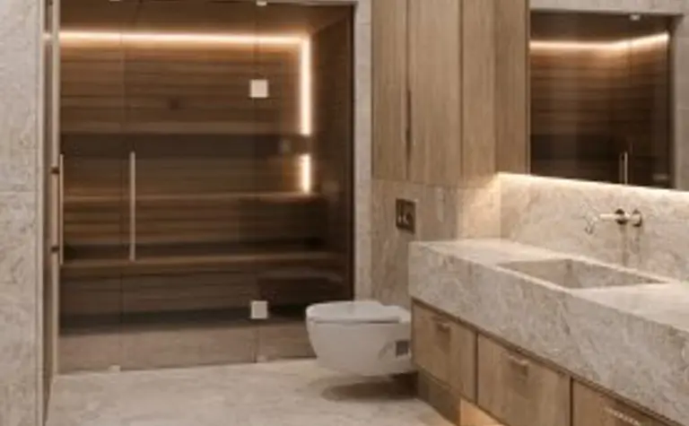 Wnętrze łazienki z drewnianymi meblami, jasnymi płytkami i nowoczesnym prysznicem. Styl: minimalistyczny, skandynawski.
