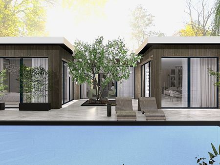 Nowoczesny gabinet z minimalistycznym biurkiem, szarymi krzesłami i drewnianą podłogą.