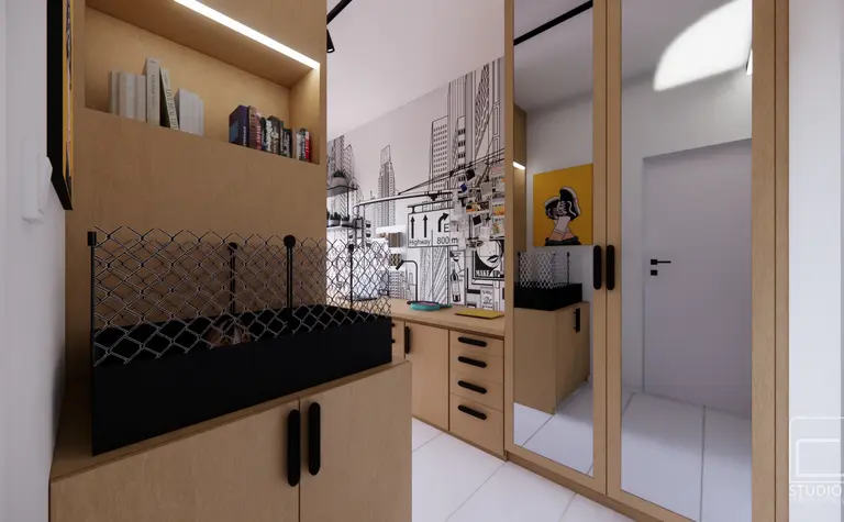Garderoba z minimalistycznym wystrojem, drewniane meble i industrialne detale.