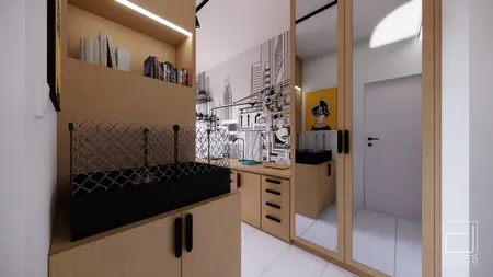 Garderoba z minimalistycznym wystrojem, drewniane meble i industrialne detale.