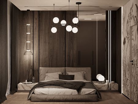 Wnętrze sypialni z minimalistycznym designem, nowoczesnym oświetleniem i drewnianymi akcentami.