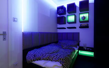 Sypialnia z minimalistycznym i skandynawskim designem, nowoczesne oświetlenie LED.