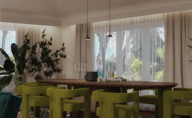 Wnętrze jadalni w stylu art deco z zielonymi krzesłami.