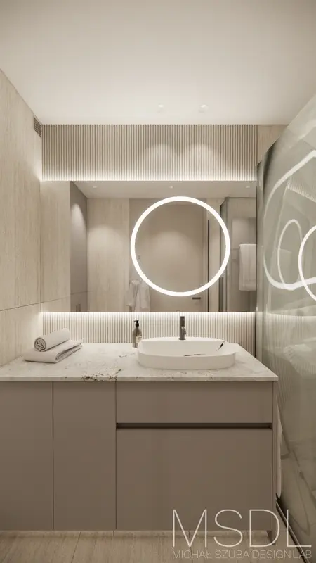 Nowoczesna łazienka z boho i minimalistycznymi elementami, szarymi płytkami i oświetleniem LED.