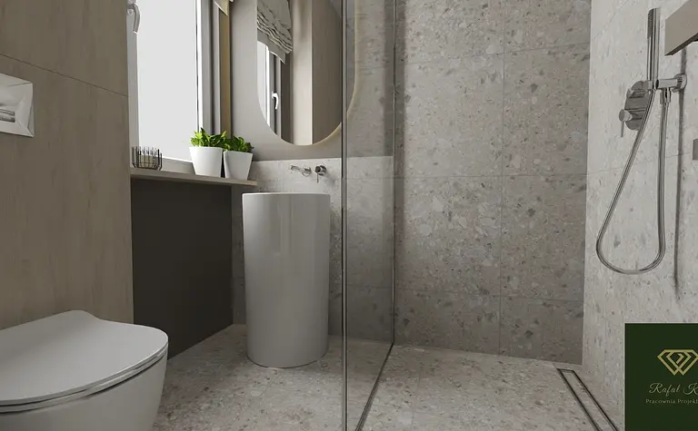 Nowoczesna łazienka z minimalistycznym designem, szarymi kafelkami i białym umywalką.