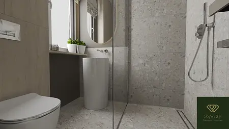 Nowoczesna łazienka z minimalistycznym designem, szarymi kafelkami i białym umywalką.