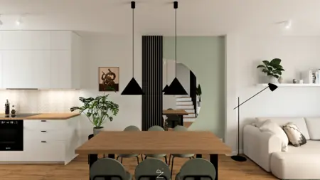 Wnętrze jadalni w stylu minimalistycznym, nowoczesnym i skandynawskim z drewnianym stołem.