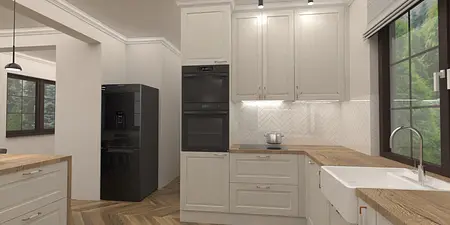Kuchnia w stylu rustykalnym z drewnianymi akcentami, tradycyjnymi meblami i vintage detalami.
