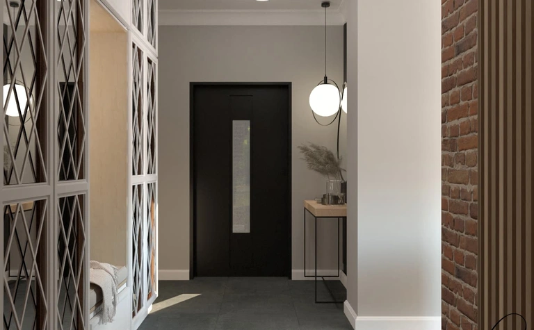 Przedpokój w stylu rustykalnym z szarymi kafelkami i drewnianymi detalami.