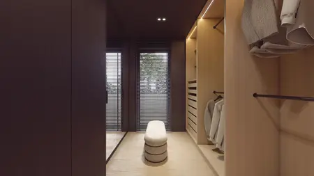 Garderoba w stylu japandi i skandynawskim z drewnianymi elementami i minimalistycznym designem.
