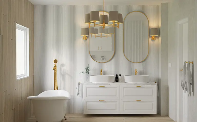 Stylowa łazienka glamour z rustykalnymi akcentami, skandynawski design.