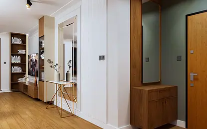 Przedpokój z elementami art deco i nowoczesnymi akcentami, styl quiet luxury.