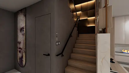 Wnętrze salonu w stylu art deco z zieloną sofą i czarnymi stolikami.