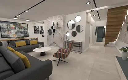 Wnętrze salonu w stylu dopamine decor, industrialnym, japandi, minimaluxe, nowoczesnym, quiet luxury, współczesnym z szarymi meblami i drewnianymi akcentami.
