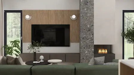 Wnętrze salonu z zieloną kanapą, drewnianymi detalami i industrialnym kominkiem.